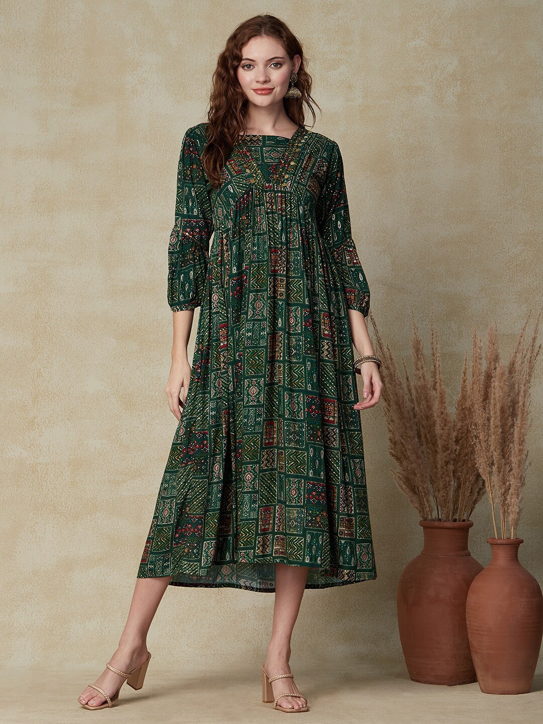 FASHOR Green Ethnic Motifs Printed Puff Sleeves Embroidered A-Line Midi Ethnic Dress
FASHOR Green Ethnic Motifs Printed Puff Sleeves Embroidered A-Line Midi Ethnic Dress