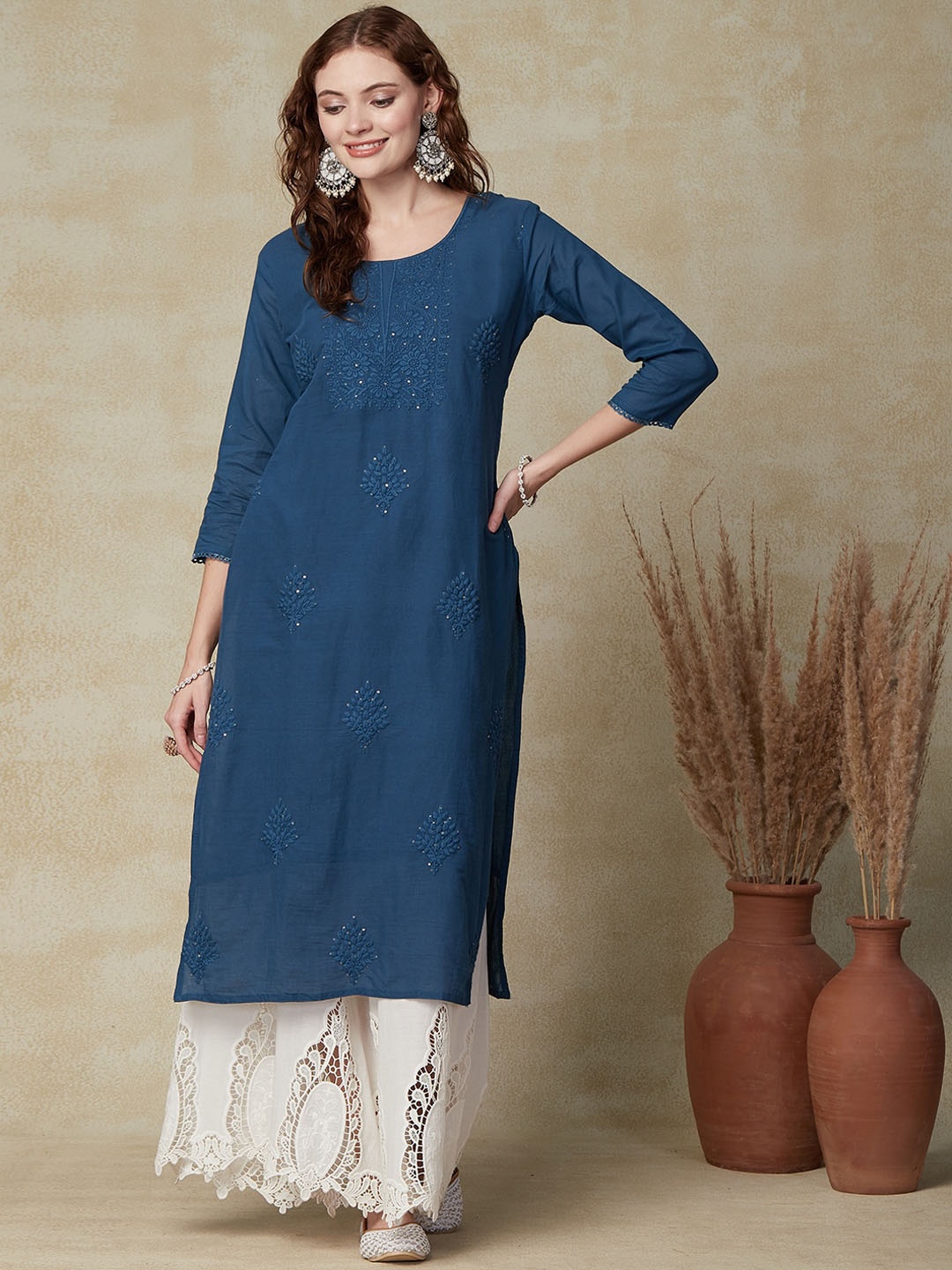 FASHOR Teal Blue Floral Embroidered Round Neck Straight Kurta
