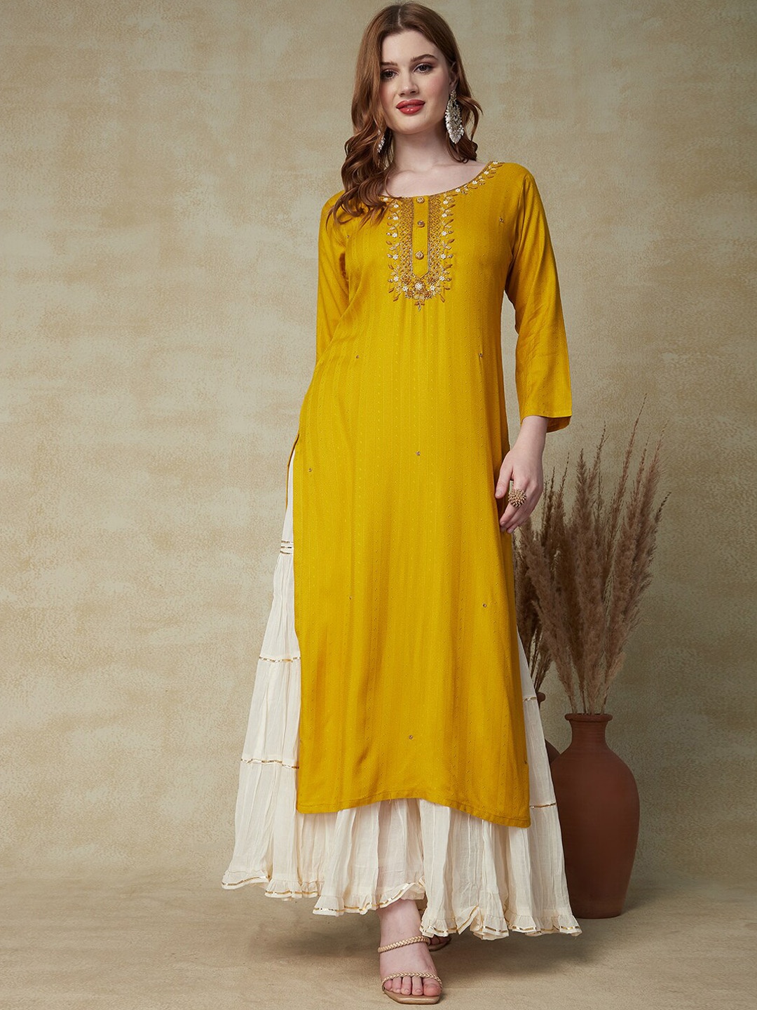 FASHOR Mustard Yellow Thread Work Detailed Straight Kurta