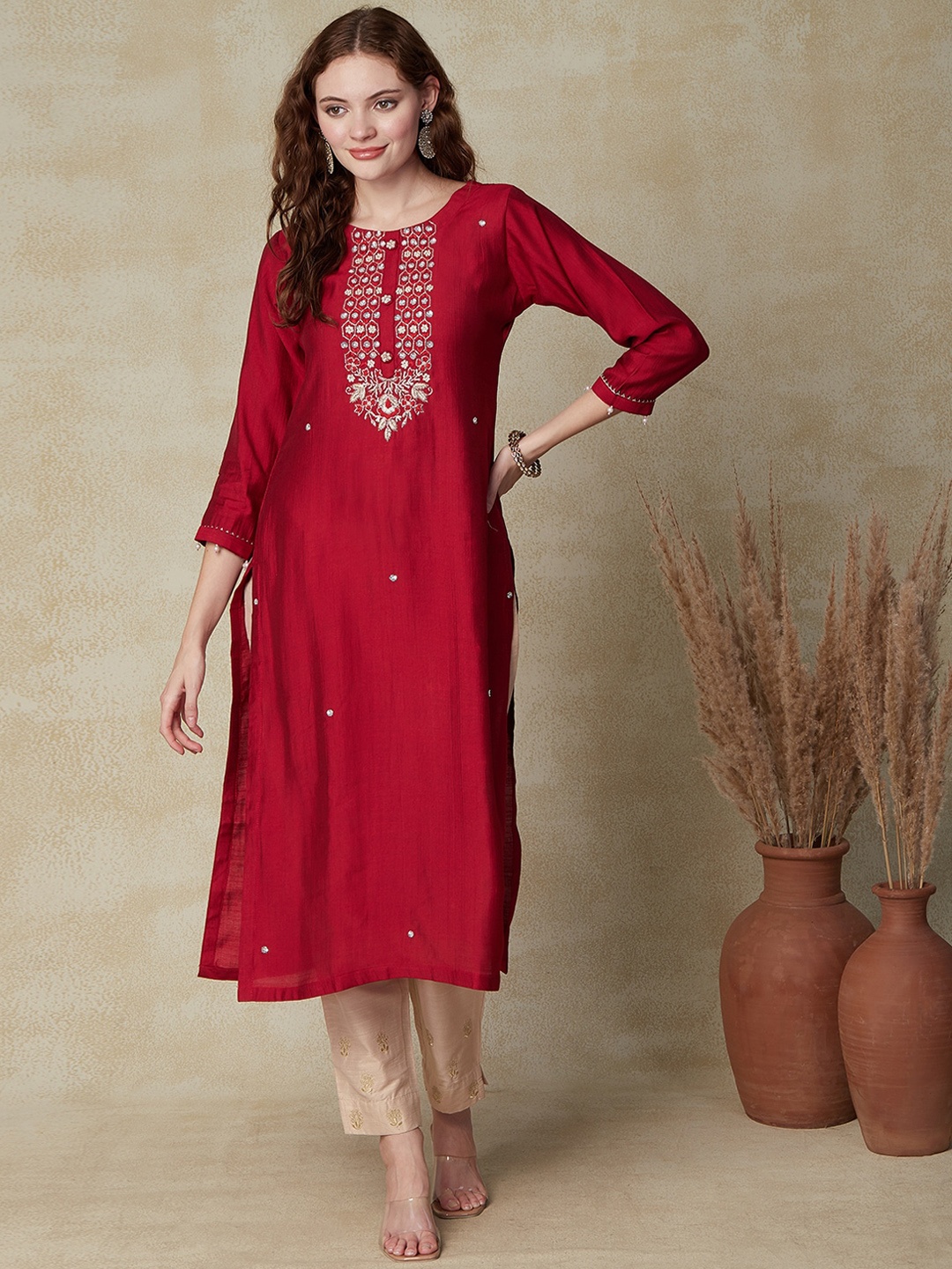 FASHOR Red Embroidered Thread Work Silk Straight Kurta