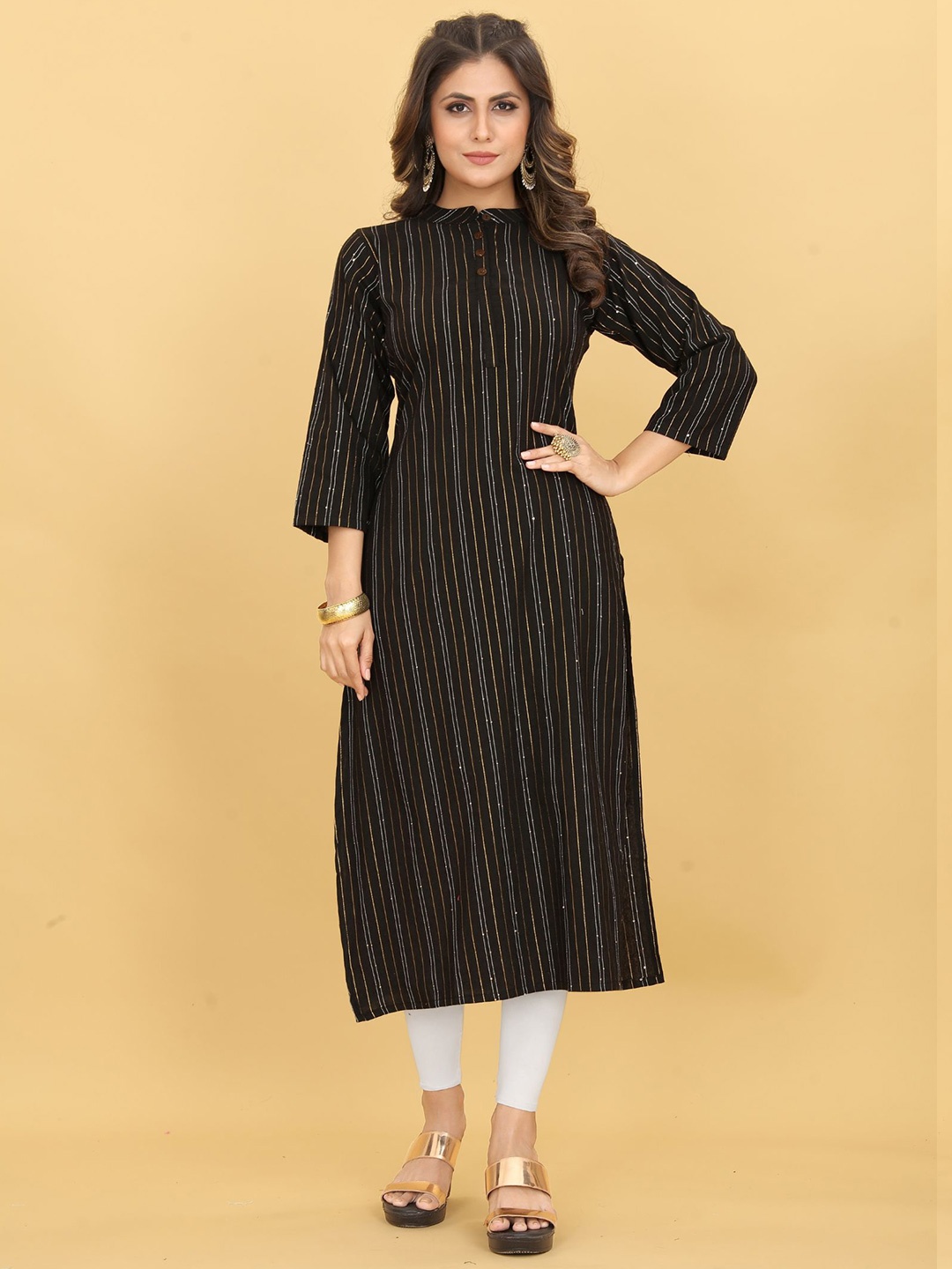 Ijya Striped Printed Band Collar Beads and Stones Detail Cotton Straight Kurta, Black
Ijya Striped Printed Band Collar Beads and Stones Detail Cotton Straight Kurta, Black