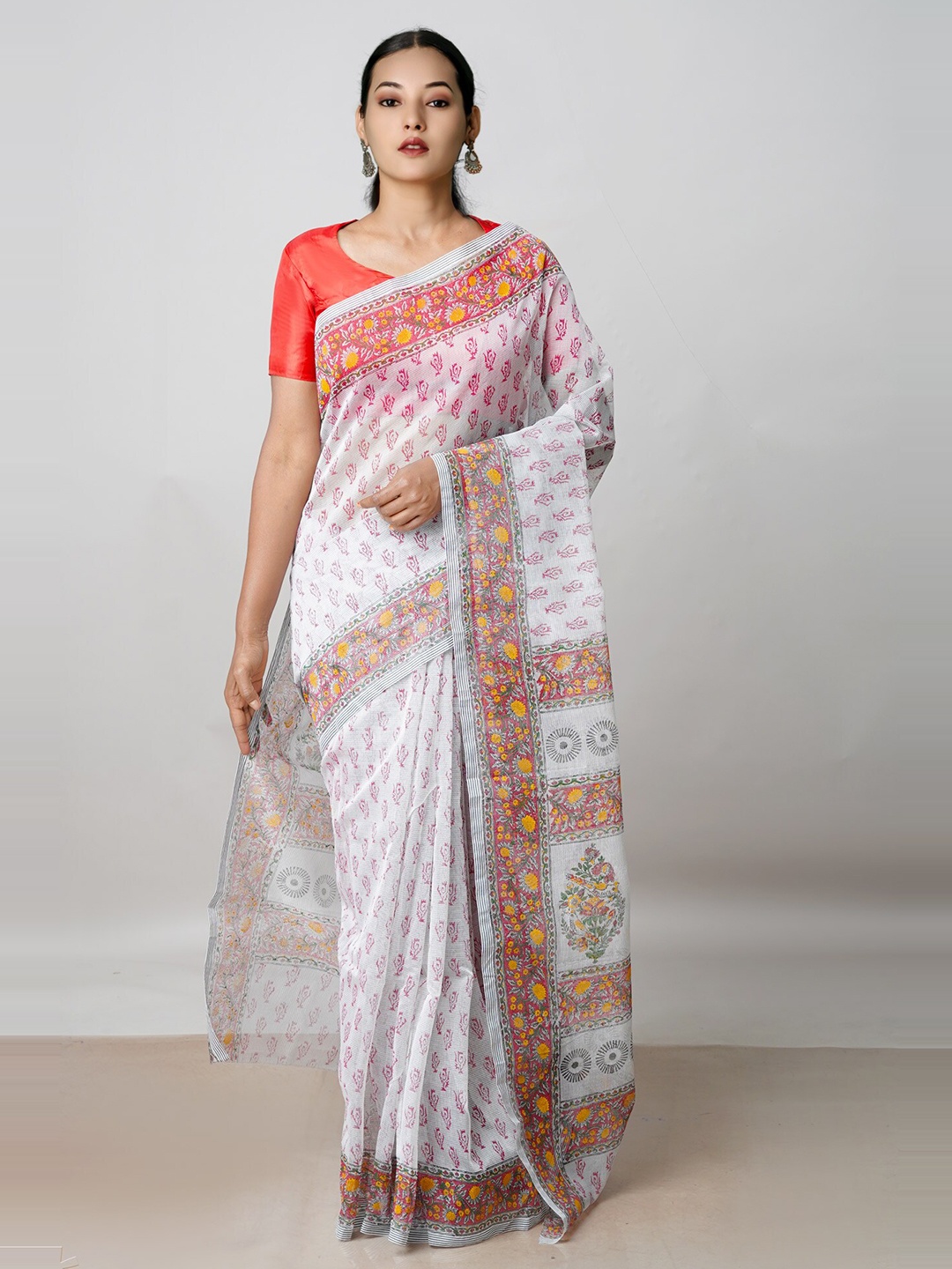 Unnati Silks Ethnic Motifs Supernet Block Printed Saree, White