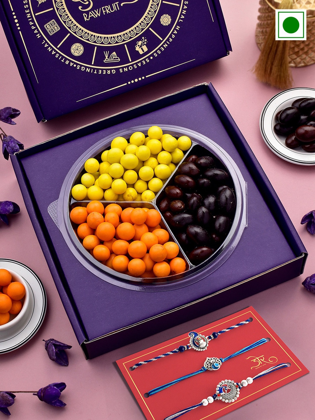 RawFruit Chocolate Coated Nuts With 3 Rakhi, Purple