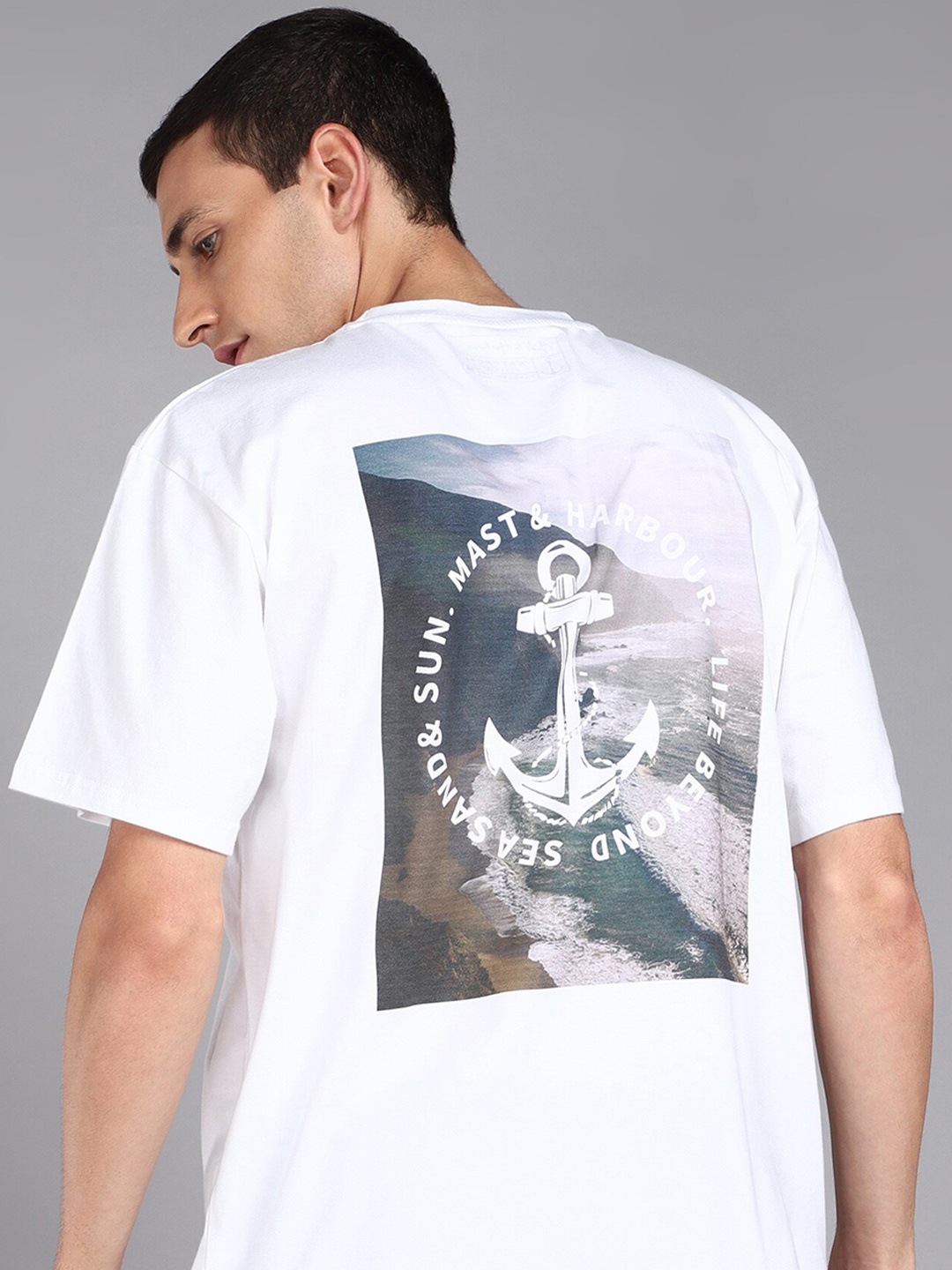 Mast & Harbour White & Grey Graphic Printed Oversized Pure Cotton T-shirt
