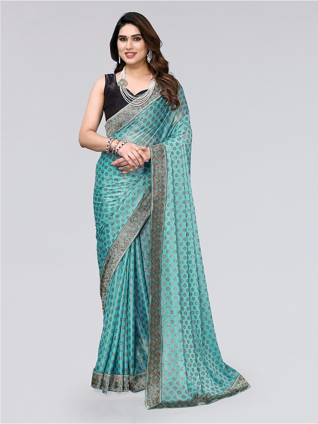 KALINI Ethnic Motifs Printed Lycra Saree, Turquoise blue