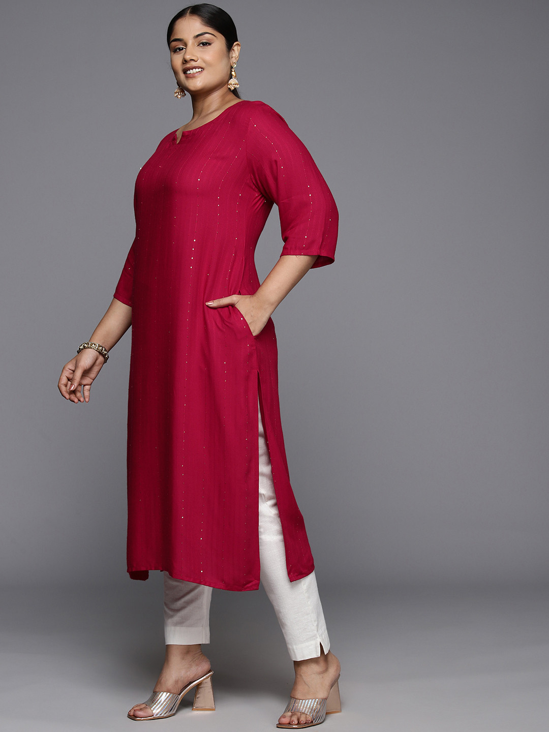 EXTRA LOVE BY LIBAS Plus Size Embroidered Sequinned Kurta, Red 
EXTRA LOVE BY LIBAS Plus Size Embroidered Sequinned Kurta, Red