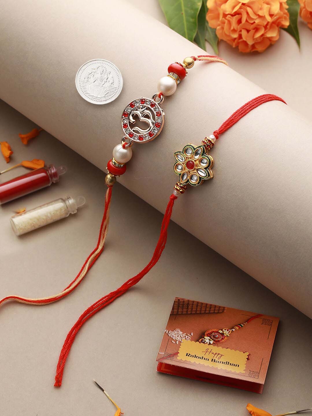 Saraf RS Jewellery Set of 2 OM Rakhi With 10 gram Shri Laxmi round 999 Round Silver Coin, Red
Saraf RS Jewellery Set of 2 OM Rakhi With 10 gram Shri Laxmi round 999 Round Silver Coin, Red