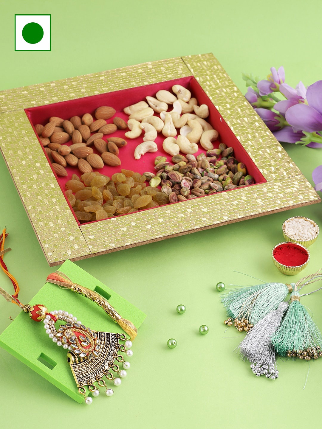 Aapno Rajasthan Set Of 2 Rakhi with Message Card & Dryfruit Gift 100g Each, Gold