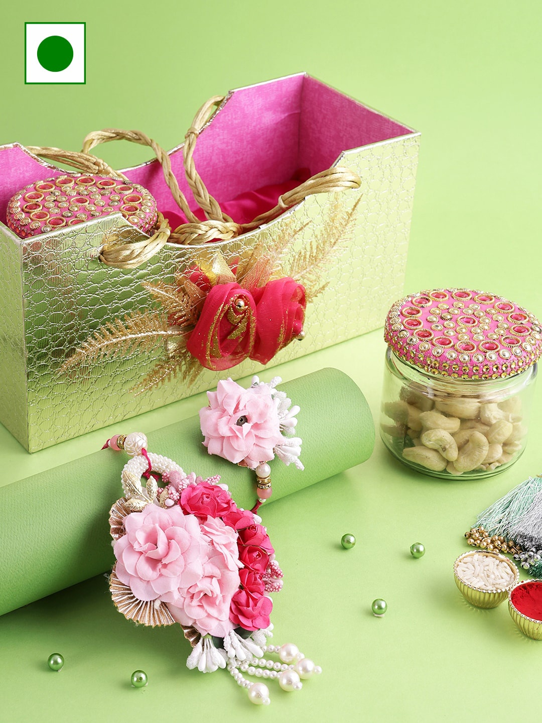 Aapno Rajasthan Set Of 2 Rakhis With Basket & Two Glass Jars Dryfruits Set-100 gm Each, Pink
Aapno Rajasthan Set Of 2 Rakhis With Basket & Two Glass Jars Dryfruits Set-100 gm Each, Pink
