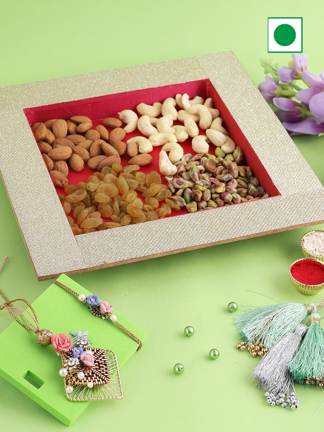 Aapno Rajasthan Set Of 2 Floral Rakhis With Wooden Tray Dryfruits Set-100 gms Each, Pink
Aapno Rajasthan Set Of 2 Floral Rakhis With Wooden Tray Dryfruits Set-100 gms Each, Pink