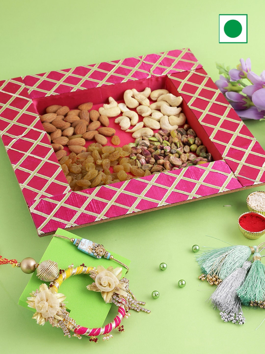 Aapno Rajasthan Pack Of 2 Stone Studded and Beaded Rakhis With Dryfruits Gift Set, Blue
Aapno Rajasthan Pack Of 2 Stone Studded and Beaded Rakhis With Dryfruits Gift Set, Blue