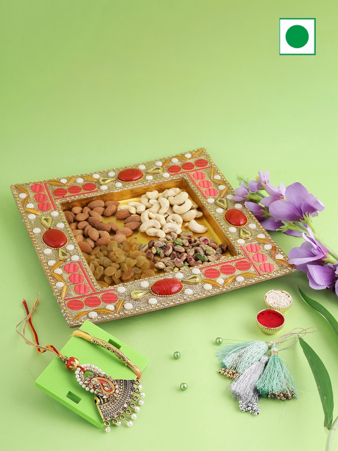 Aapno Rajasthan Pack Of 2 Stone Studded and Beaded Rakhis With Dryfruits Gift Set, Red
Aapno Rajasthan Pack Of 2 Stone Studded and Beaded Rakhis With Dryfruits Gift Set, Red