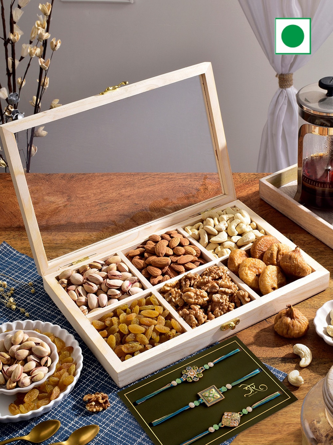 RawFruit Nut Medley Hamper With 3 Rakhis, Cream