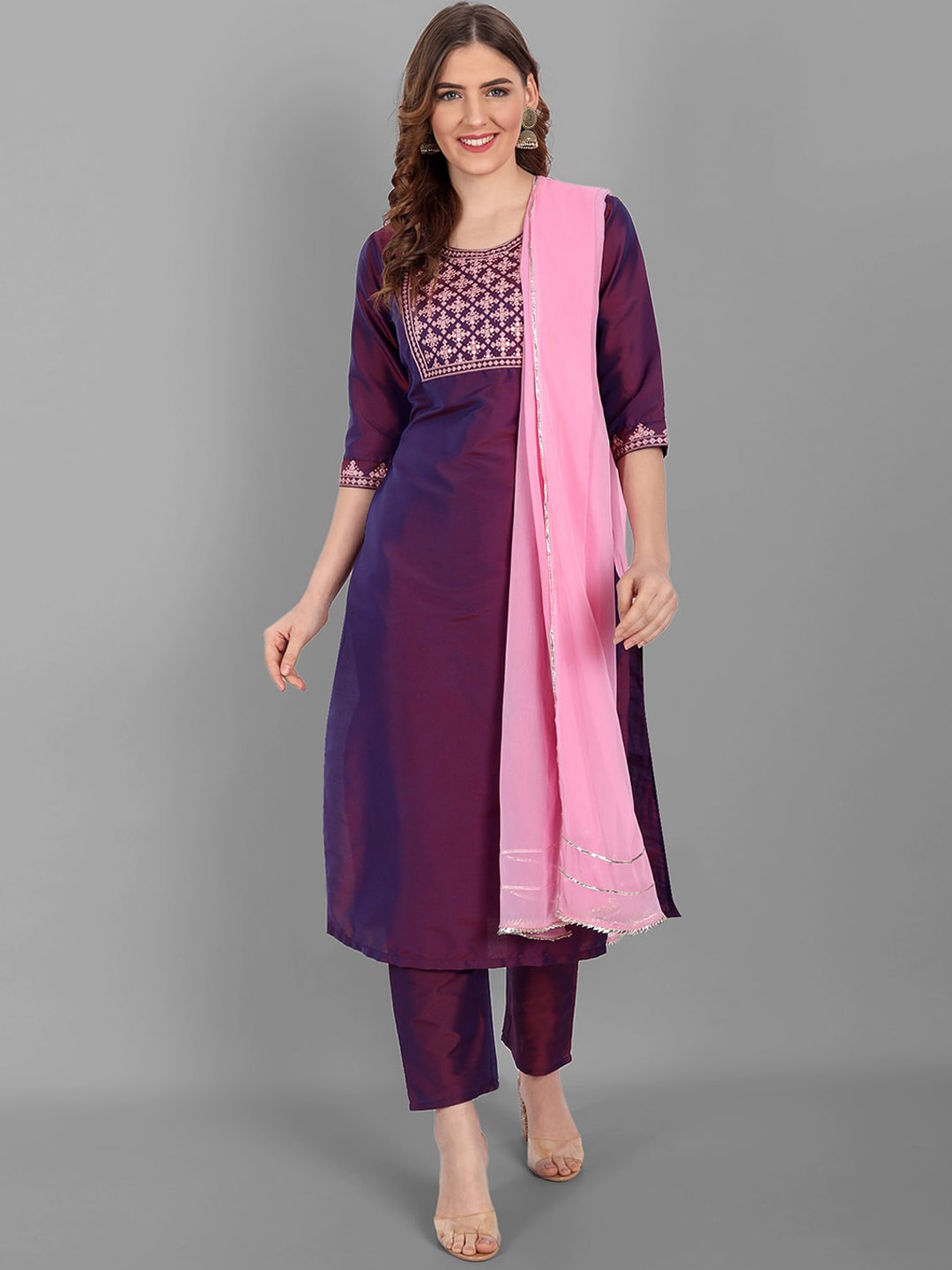 KALINI Ethnic Motifs Yoke Design Regular Mirror Work Kurta With Trousers & Dupatta, Purple
KALINI Ethnic Motifs Yoke Design Regular Mirror Work Kurta With Trousers & Dupatta, Purple