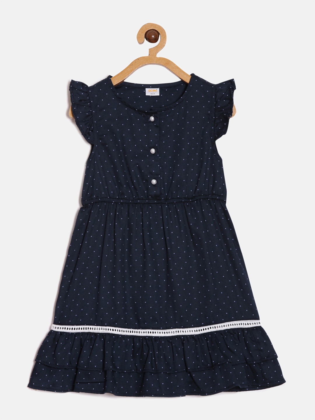 Aomi Girls Polka Dot Printed Flutter Sleeve Cotton A-Line Dress, Navy blue