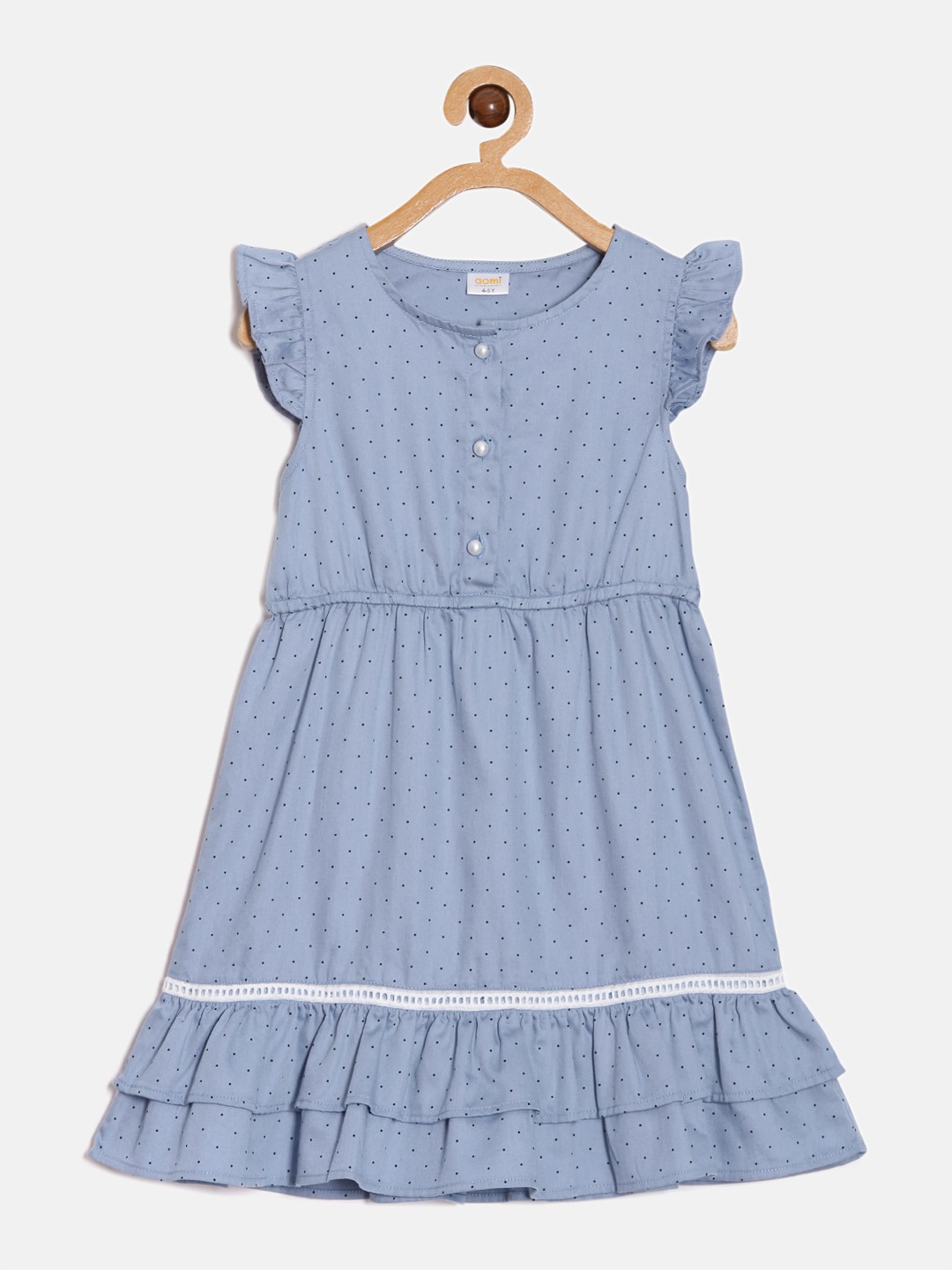 Aomi Girls Polka Dot Printed Flutter Sleeves Cotton A-Line Dress, Blue