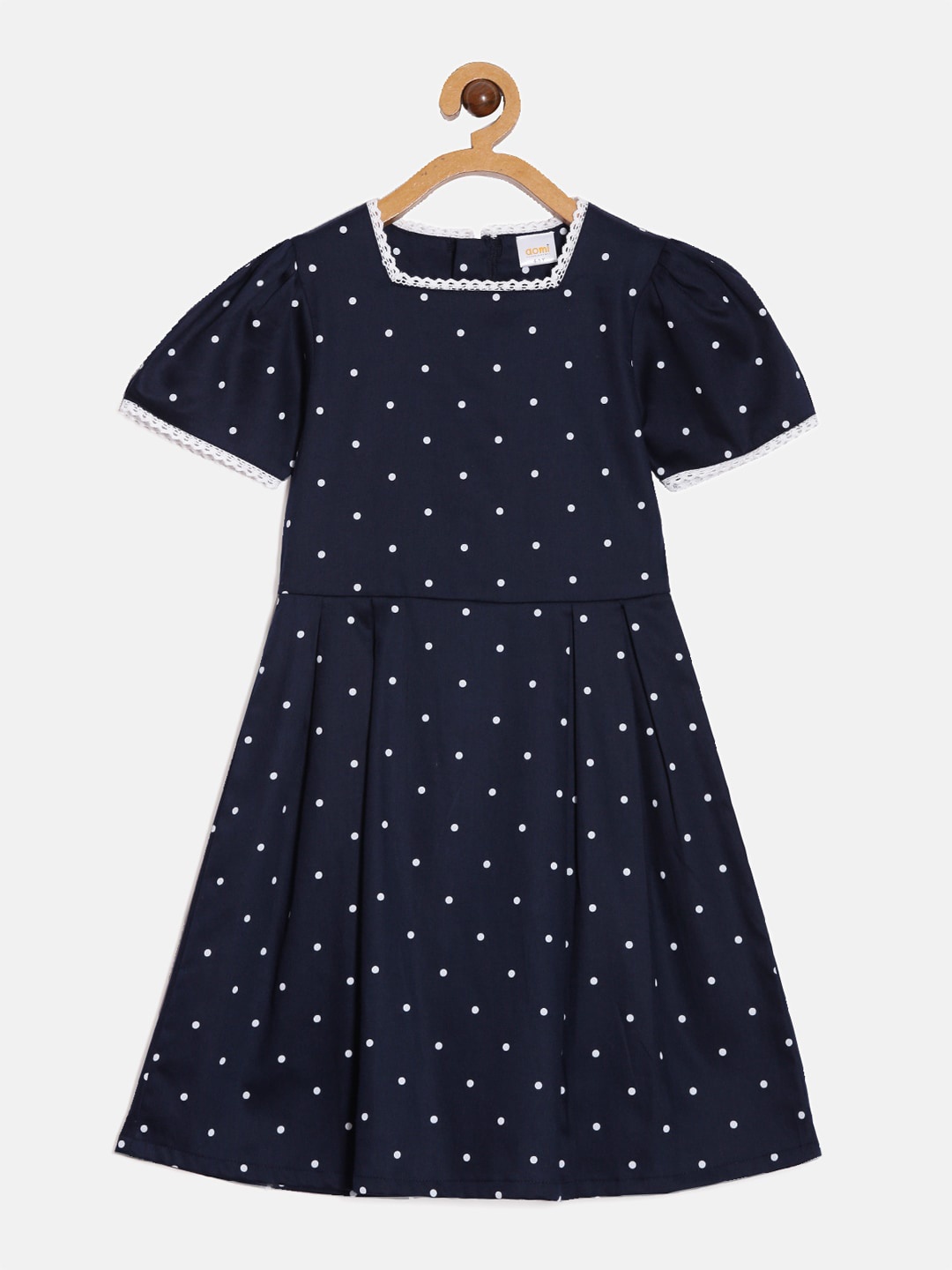 Aomi Polka Dots Printed Pleated Detailed Square Neck Bell Sleeves Cotton A-Line Dress, Navy blue