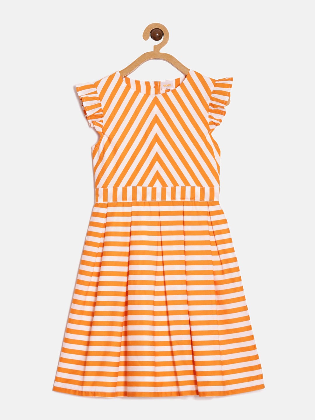 Aomi Girls Striped Pleated Detailed Flutter Sleeve Cotton A-Line Dress, Orange