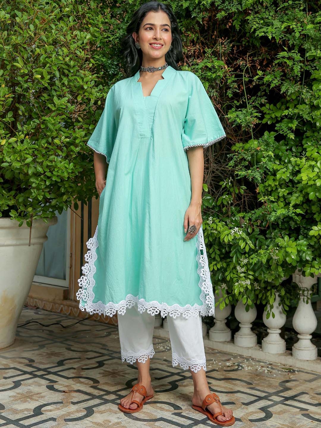 KAORI BY SHREYA AGARWAL Lace Detail V-Neck A-Line Pure Cotton Kurta with Trousers, Sea green
KAORI BY SHREYA AGARWAL Lace Detail V-Neck A-Line Pure Cotton Kurta with Trousers, Sea green
