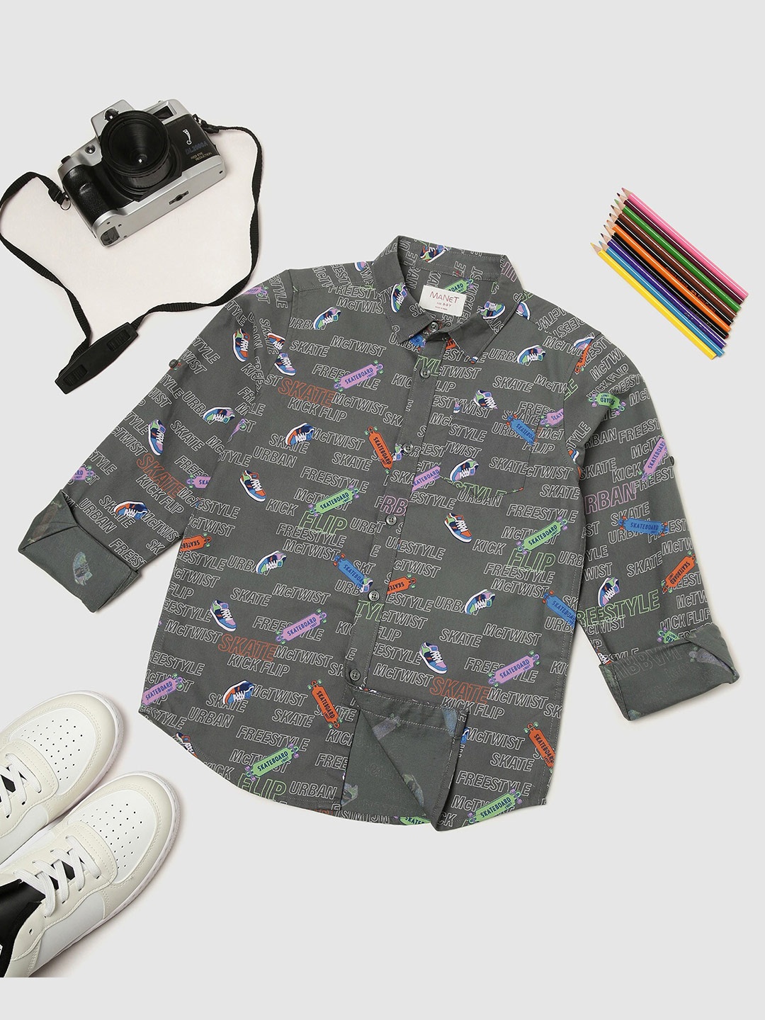 MANET Boys Conversational Printed Spread Collar Cotton Casual Shirt, Grey