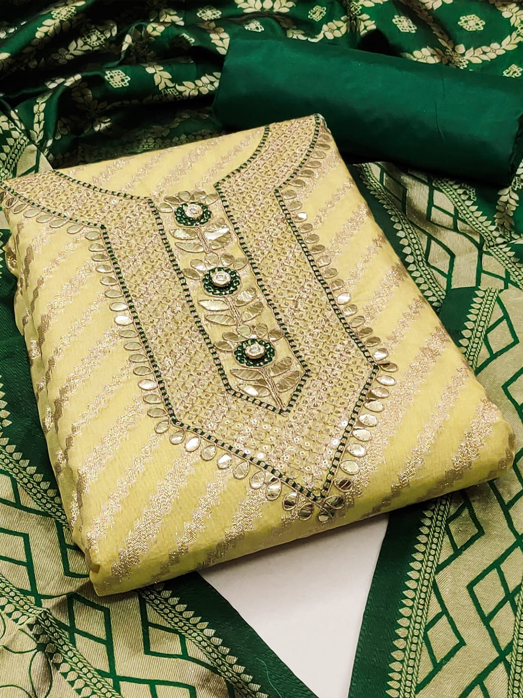ZEEPKART Ethnic Motifs Woven Design Unstitched Dress Material, Yellow