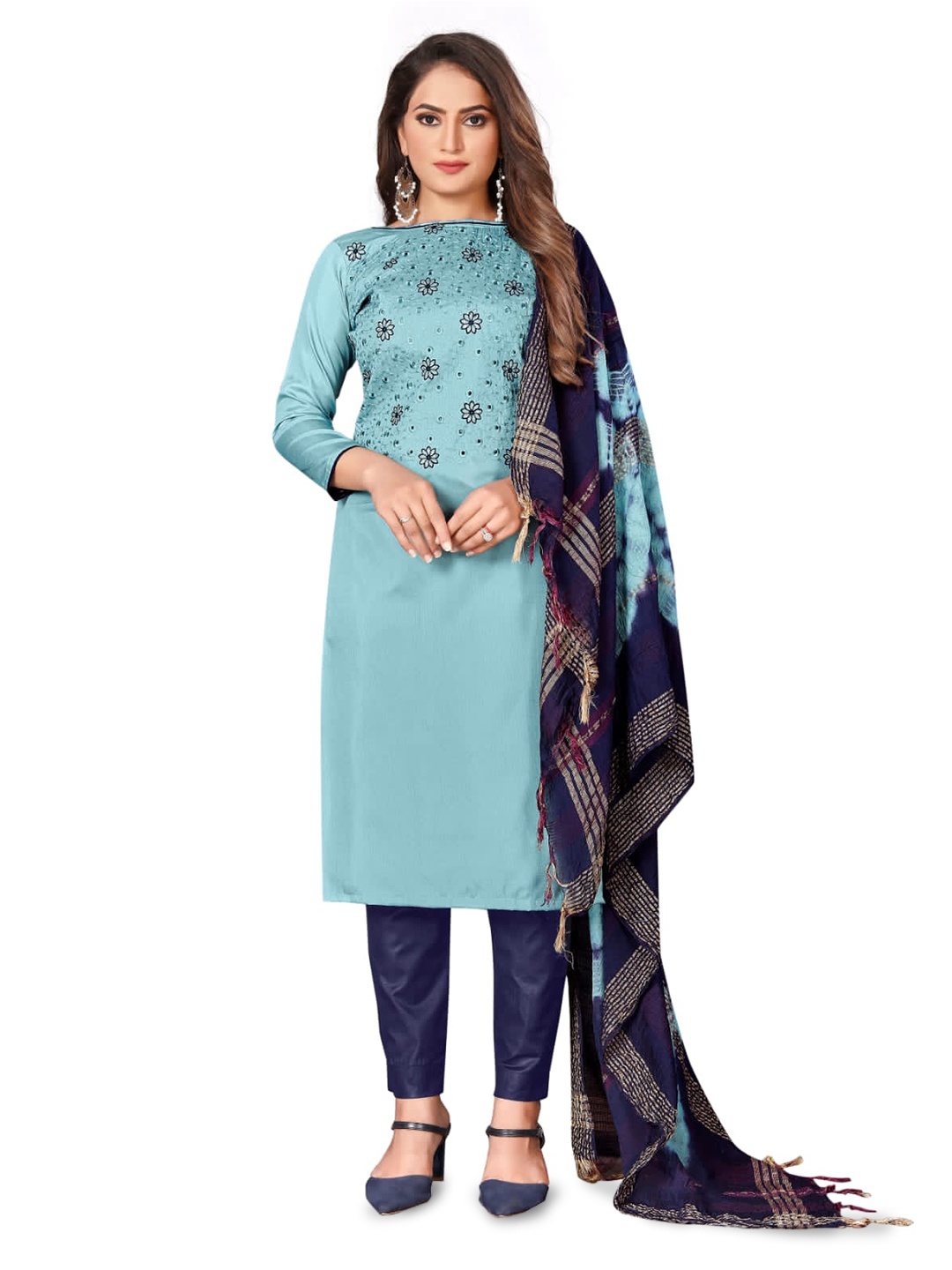 ZEEPKART Floral Embroidered Unstitched Dress Material, Blue