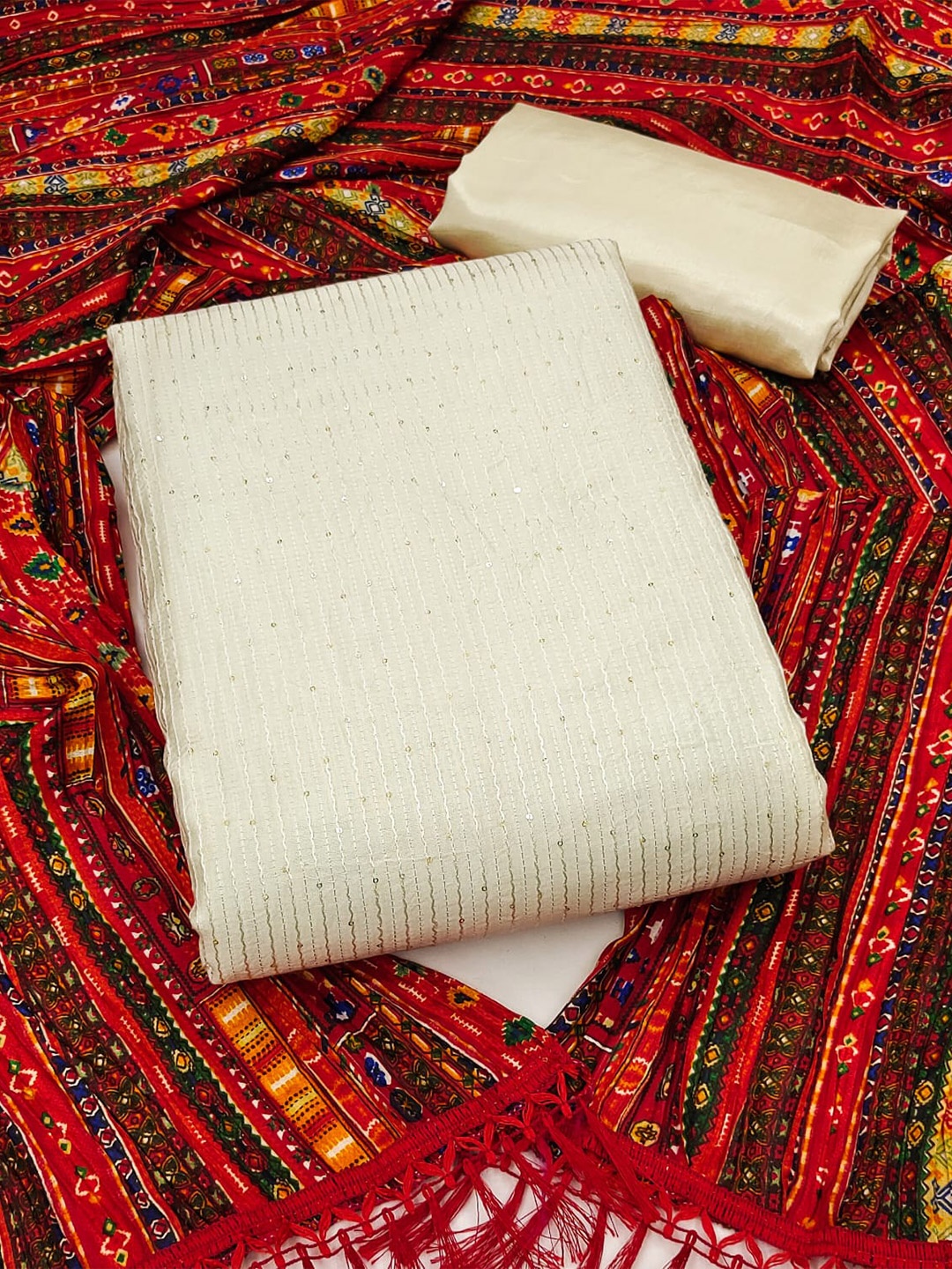 ZEEPKART Thread Work Unstitched Dress Material, Cream
