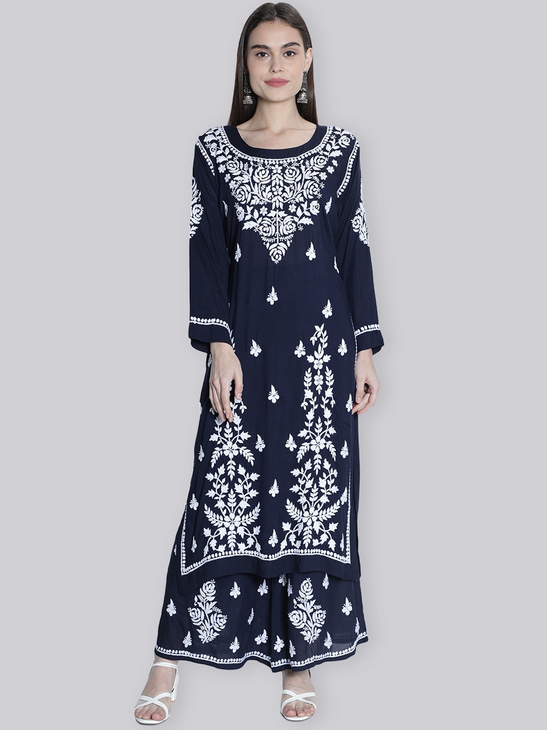 Seva Chikan Floral Embroidered Round Neck Chikankari Thread Work Kurta Set, Navy blue
Seva Chikan Floral Embroidered Round Neck Chikankari Thread Work Kurta Set, Navy blue