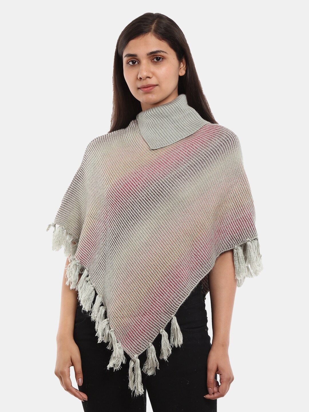 V-Mart Striped Turtle Neck Fringed Cotton Poncho Sweater, Grey