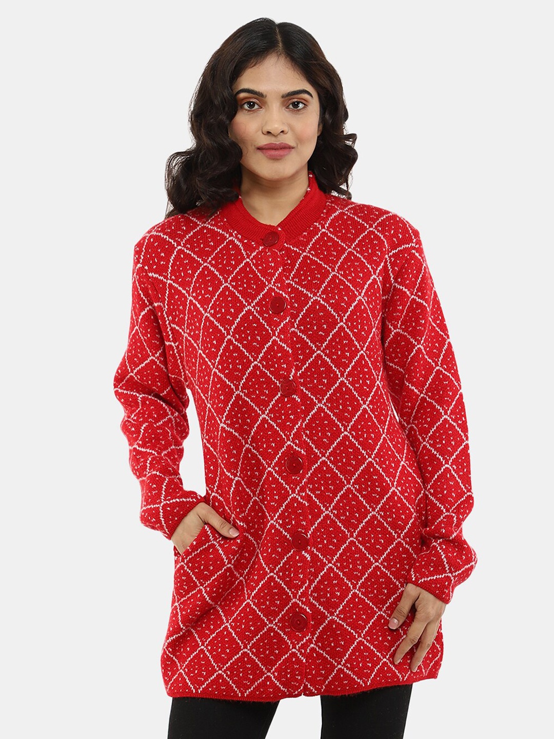 V-Mart Geometric Printed Mock Collar Cotton Longline Cardigan, Red