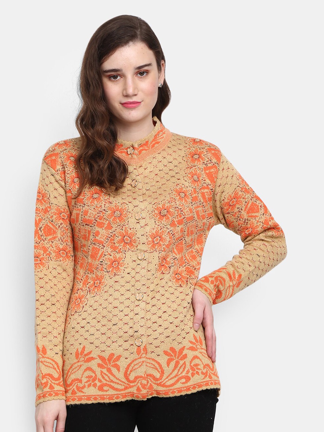 V-Mart Floral Printed Mock Collar Cotton Cardigan Sweater, Beige