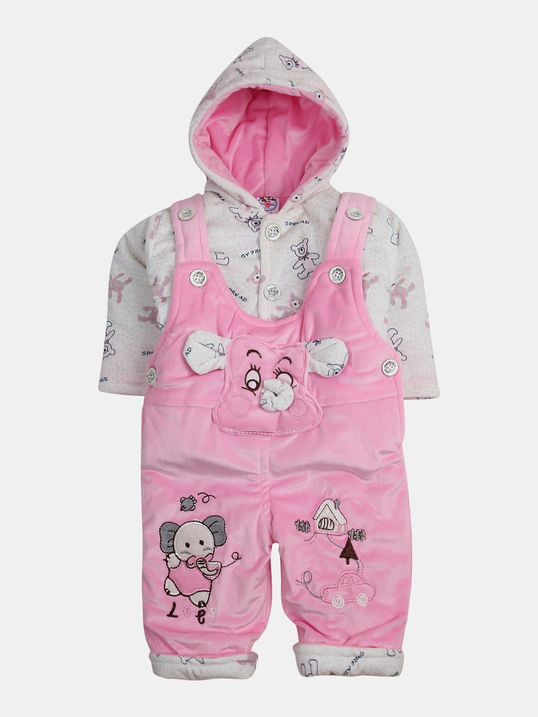 V-Mart Infant Printed Hooded Pure Cotton Dungaree With T-shirt, Pink