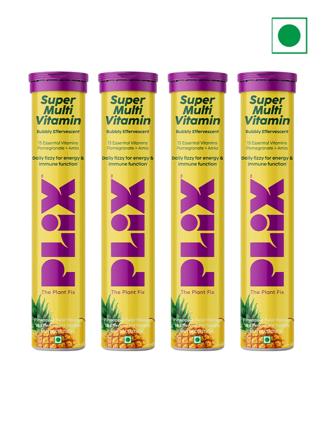 PLIX THE PLANT FIX Set Of 4 Super Multivitamin Pineapple Flavour Tablets - 15 Tablets Each, Yellow
PLIX THE PLANT FIX Set Of 4 Super Multivitamin Pineapple Flavour Tablets - 15 Tablets Each, Yellow