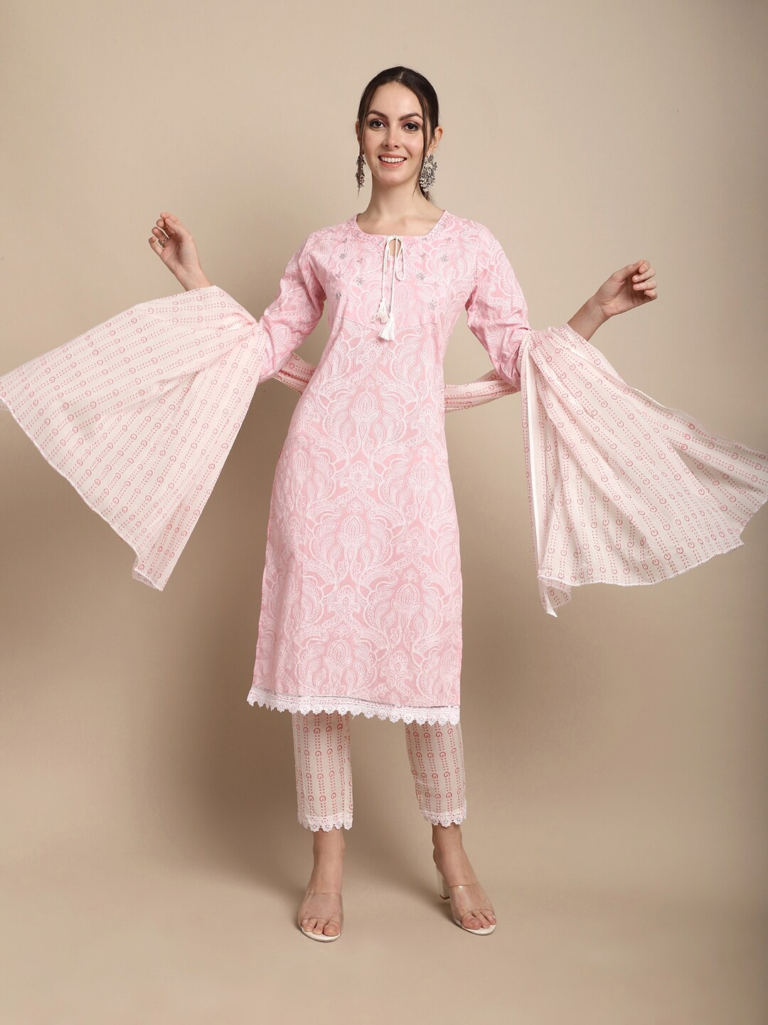ANAISA Floral Printed Pure Cotton Straight Kurta With Trousers & With Dupatta, Pink
ANAISA Floral Printed Pure Cotton Straight Kurta With Trousers & With Dupatta, Pink