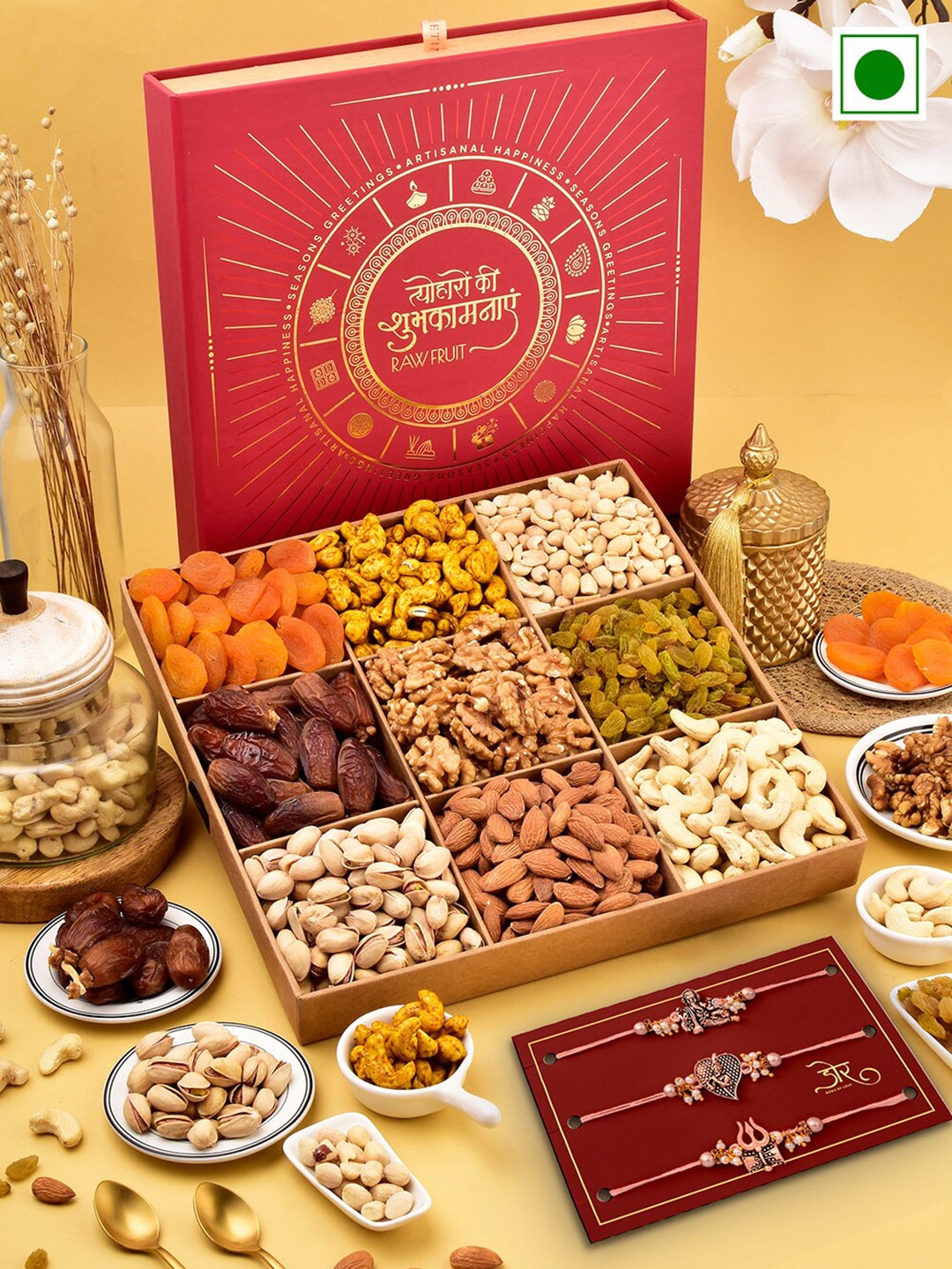 RawFruit Set Of 3 Beaded Rakhis With Roli Chawal & Basic Nut Box Gift Set, Rose gold
RawFruit Set Of 3 Beaded Rakhis With Roli Chawal & Basic Nut Box Gift Set, Rose gold