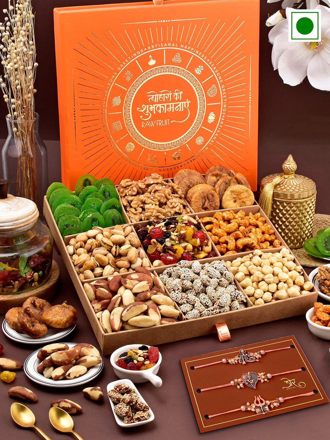 RawFruit Set Of 3 Charmed Rakhis With Roli Chawal & Dryfruits Gift Set, Rose gold
RawFruit Set Of 3 Charmed Rakhis With Roli Chawal & Dryfruits Gift Set, Rose gold