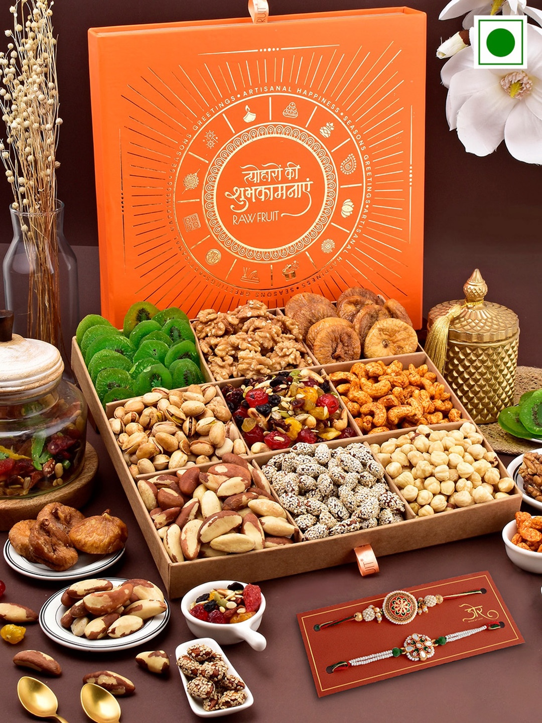 RawFruit Premium Dryfruit Box With 2 Rakhi, Red
