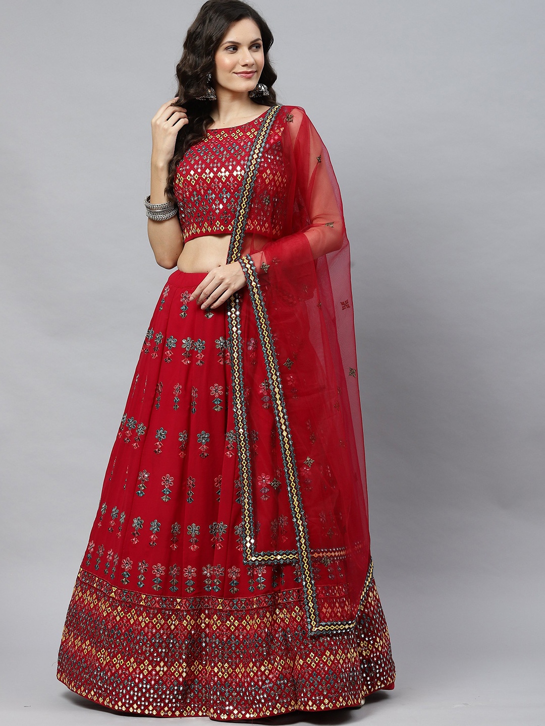 HERE&NOW Embellished Mirror Work Semi-Stitched Lehenga & Unstitched Blouse With Dupatta, Red
HERE&NOW Embellished Mirror Work Semi-Stitched Lehenga & Unstitched Blouse With Dupatta, Red