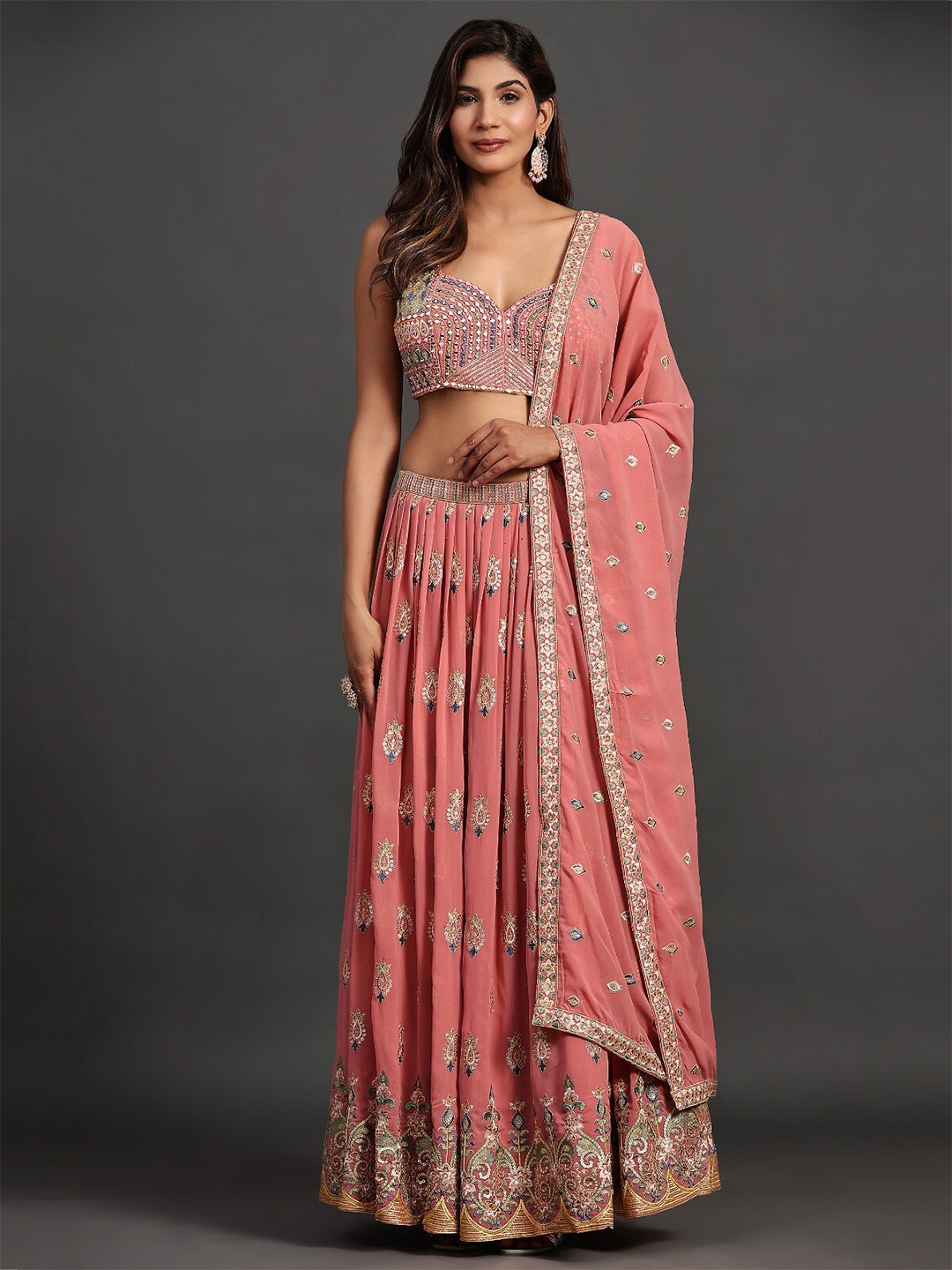 Fusionic Embroidered Thread Work Ready to Wear Lehenga & Blouse With Dupatta, Peach
Fusionic Embroidered Thread Work Ready to Wear Lehenga & Blouse With Dupatta, Peach