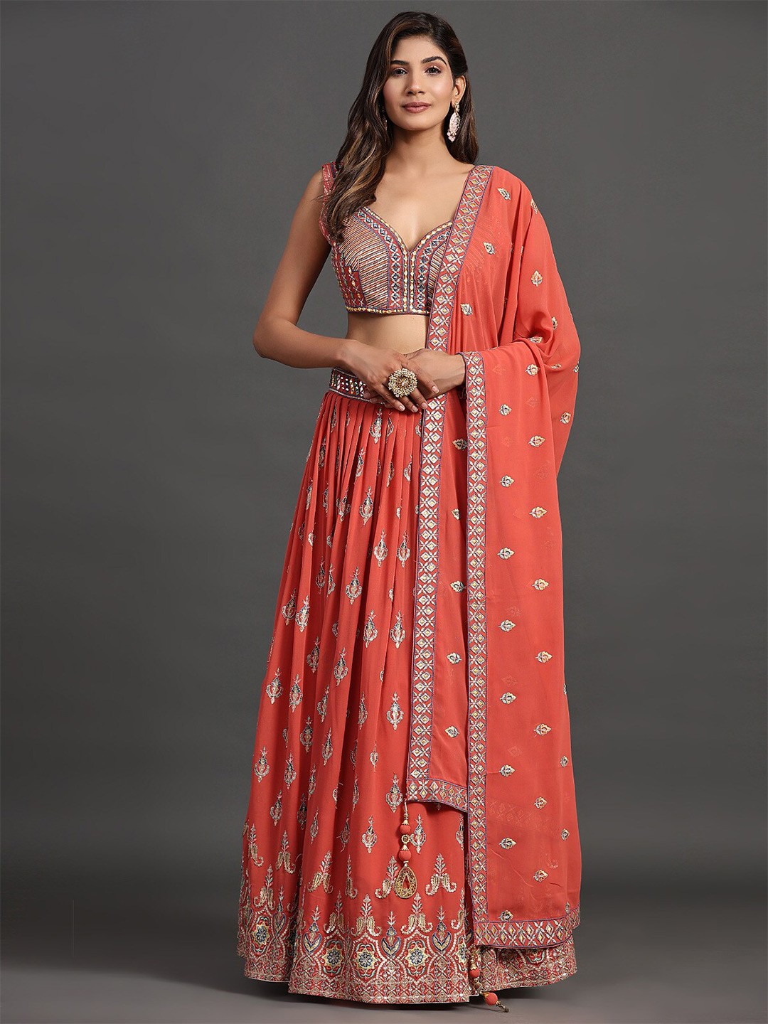 Fusionic Embroidered Thread Work Ready to Wear Lehenga & Blouse With Dupatta, Coral
Fusionic Embroidered Thread Work Ready to Wear Lehenga & Blouse With Dupatta, Coral