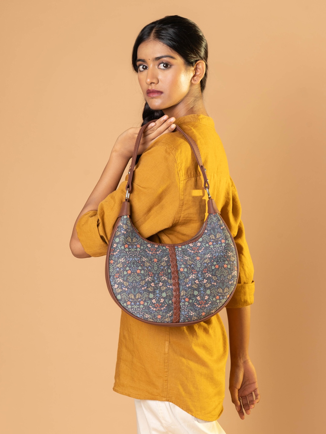 ZOUK Floral Printed Half Moon Hobo Bag, Blue