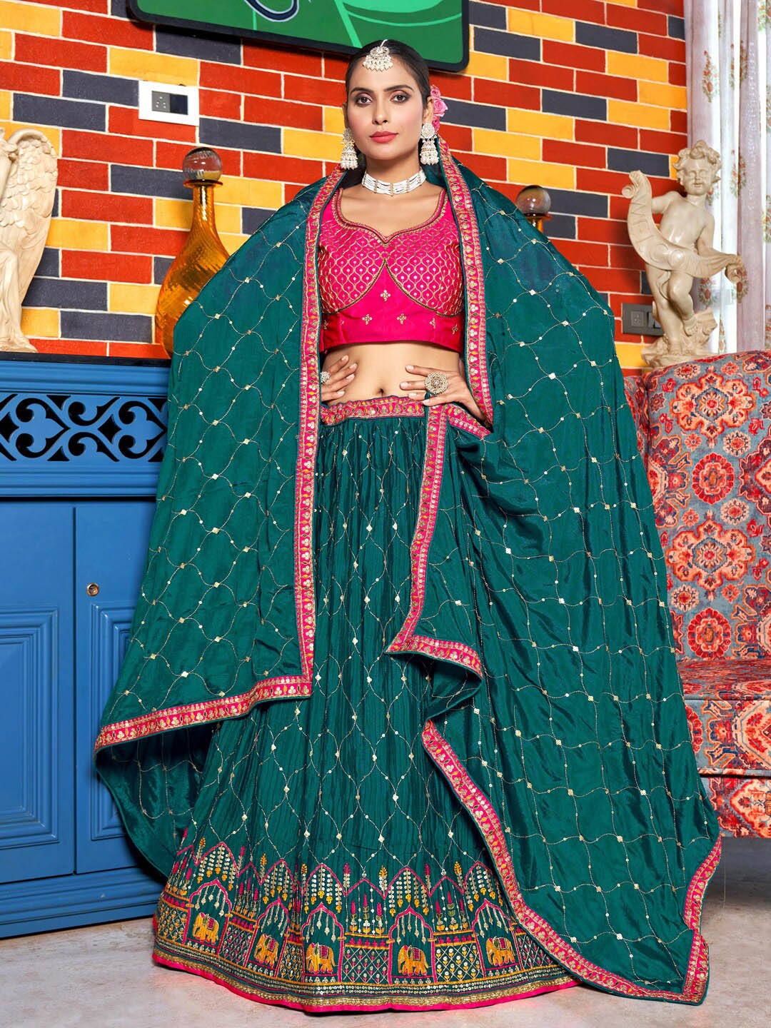 Kvsfab Teal & Pink Embroidered Sequinned Semi-Stitched Lehenga & Blouse With Dupatta
Kvsfab Teal & Pink Embroidered Sequinned Semi-Stitched Lehenga & Blouse With Dupatta