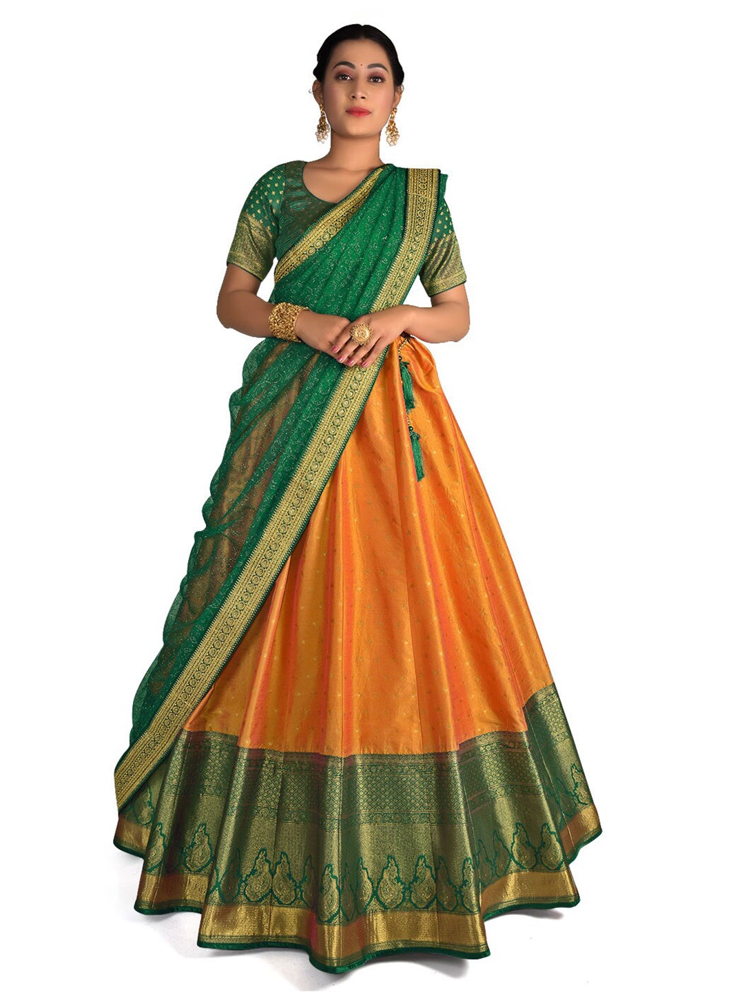 HALFSAREE STUDIO Orange & Green Semi-Stitched Lehenga & Unstitched Blouse With Dupatta
HALFSAREE STUDIO Orange & Green Semi-Stitched Lehenga & Unstitched Blouse With Dupatta