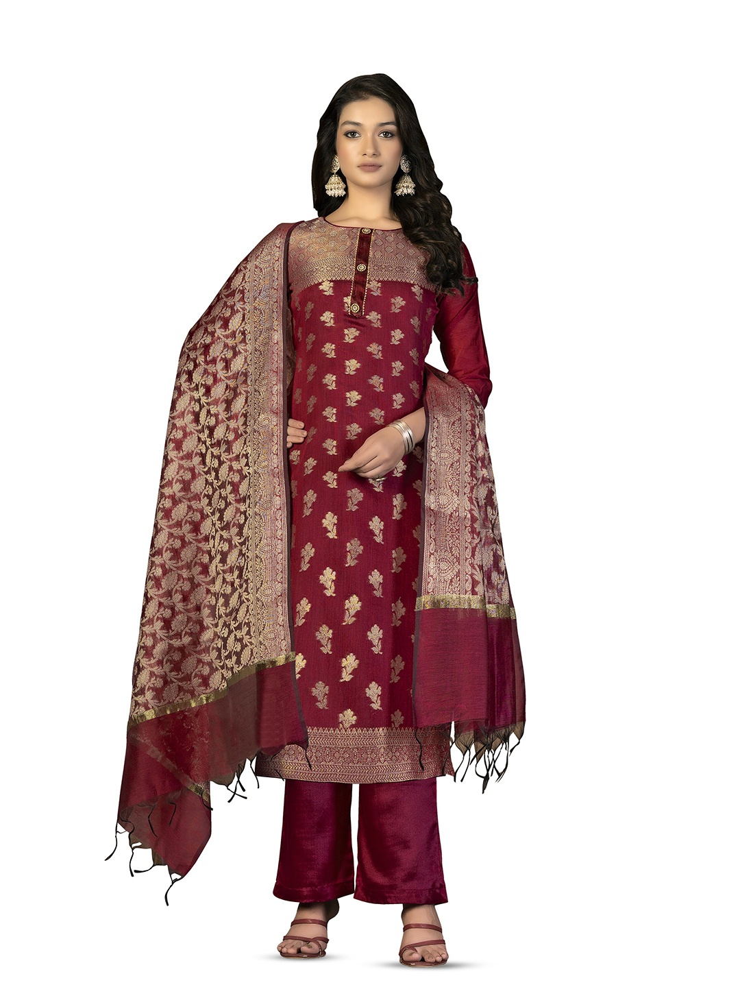 MANVAA Floral Woven Design Pure Silk Unstitched Dress Material, Maroon