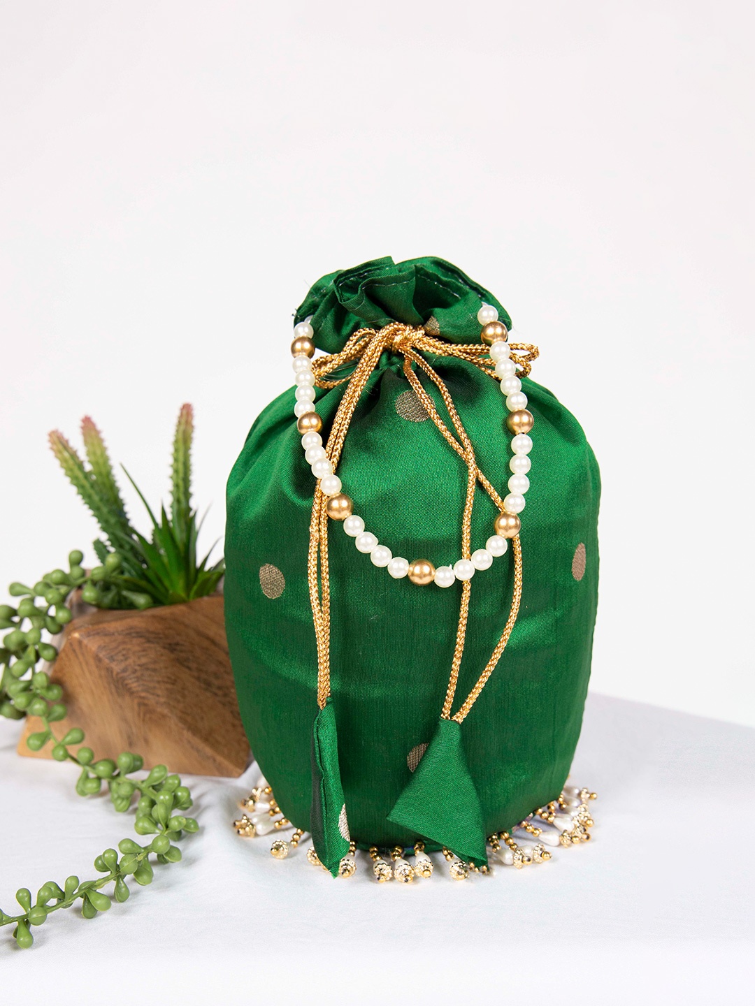 LOOKNBOOK ART Embellished Tasselled Potli Clutch, Green