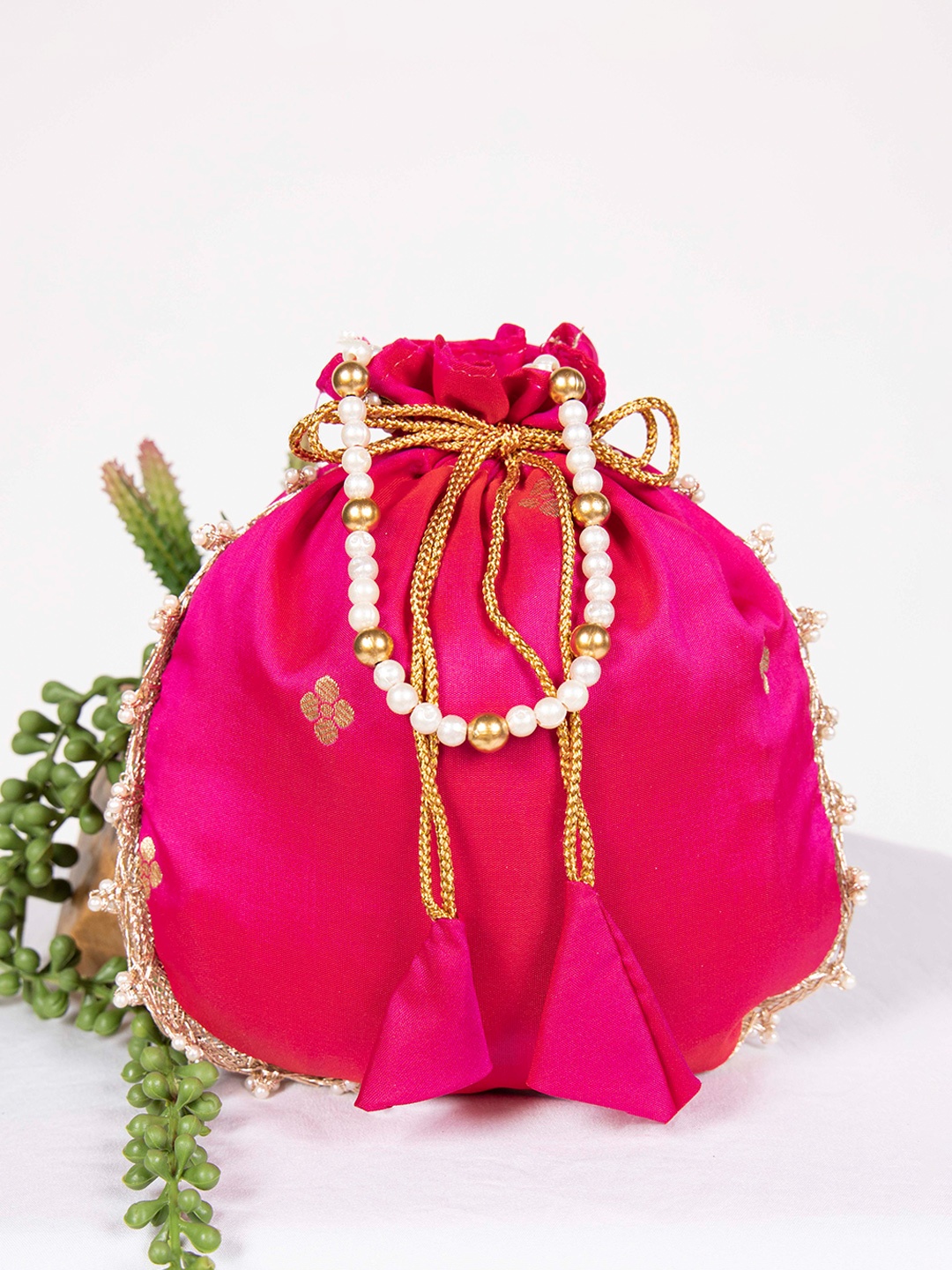 LOOKNBOOK ART Embellished Tasselled Potli Clutch, Pink