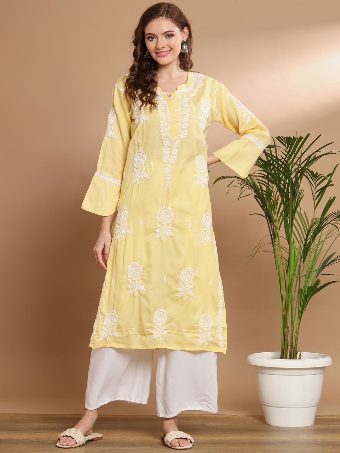 Ethnava Floral Embroidered Flared Sleeves Cotton Straight Kurta, Yellow