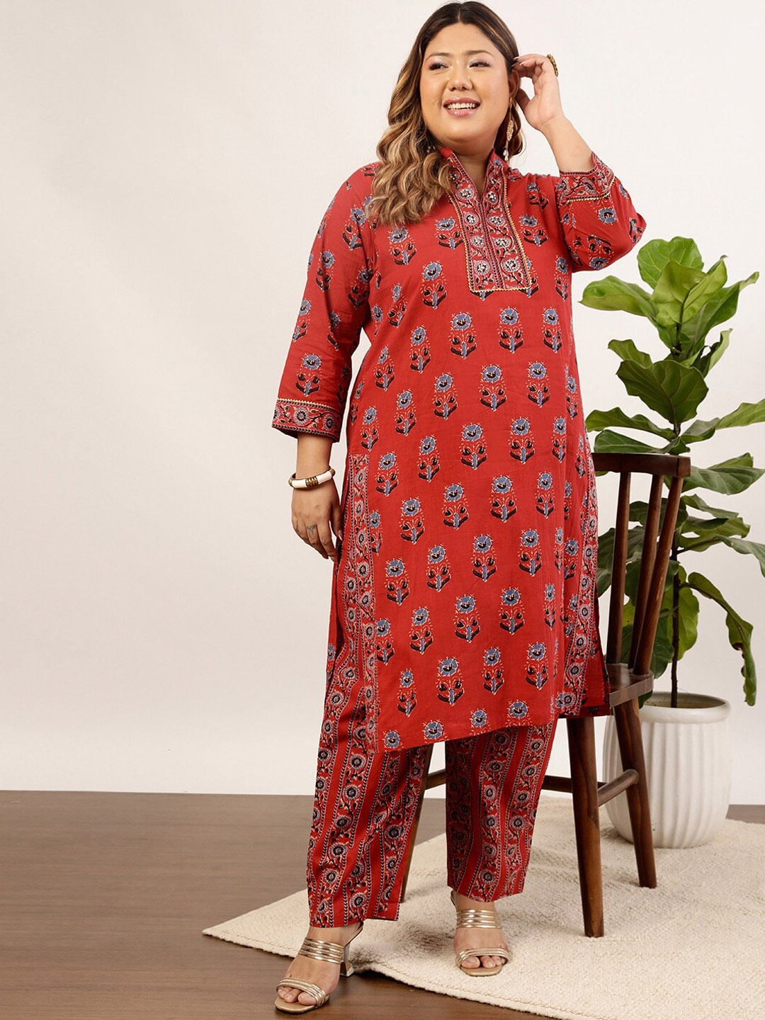 indo street Plus Size Ethnic Motifs Printed Gotta Patti Pure Cotton Kurta with Trousers, Rust
indo street Plus Size Ethnic Motifs Printed Gotta Patti Pure Cotton Kurta with Trousers, Rust