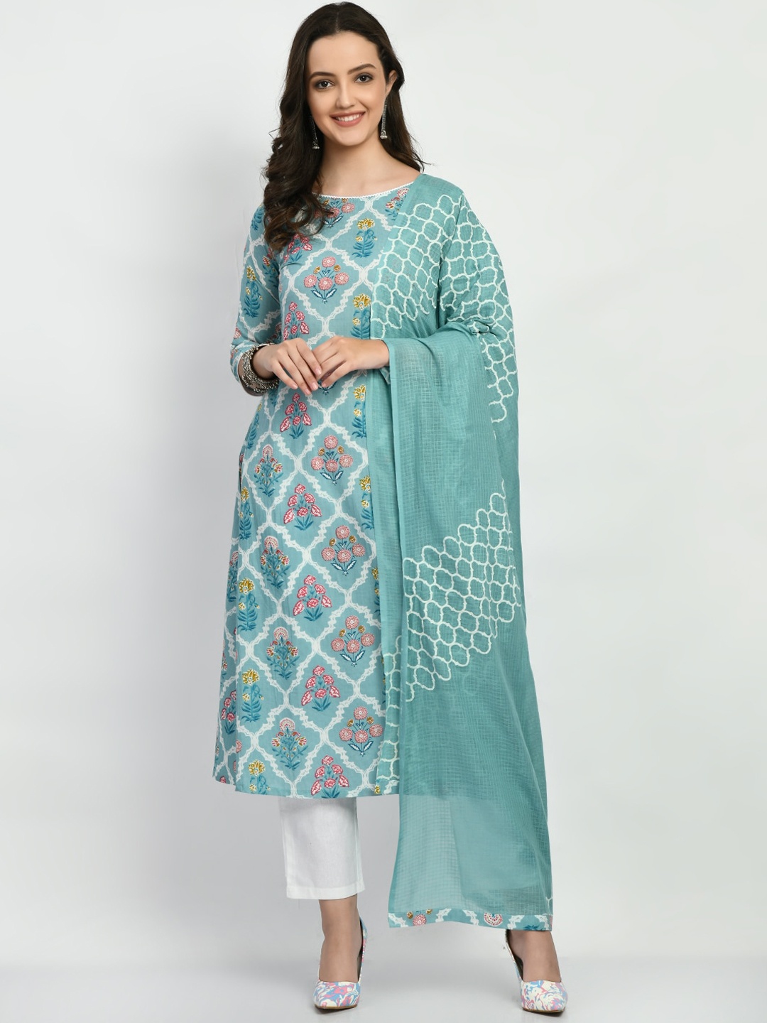 KALINI Floral Printed Regular Pure Cotton A-Line Kurta & Trousers With Dupatta, Sea green
KALINI Floral Printed Regular Pure Cotton A-Line Kurta & Trousers With Dupatta, Sea green