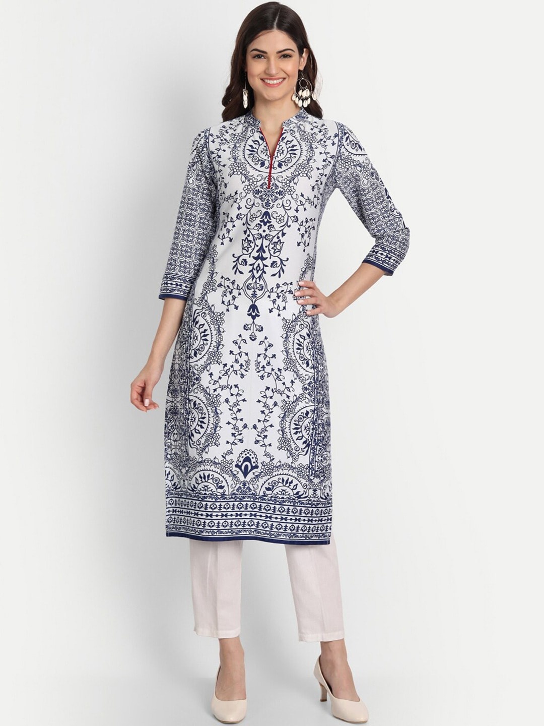 SUTI Women Ethnic Motifs Printed Mandarin Collar Indigo Cotton Straight Kurta, White
SUTI Women Ethnic Motifs Printed Mandarin Collar Indigo Cotton Straight Kurta, White